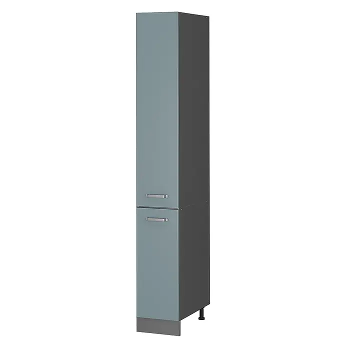 Vicco Schrankküche R-Line Blau-Grau - Blau-Grau, Apothekerhochschrank 30 cm - Hellblau-grauer Hochschrank mit zwei Türen und silbernen Griffen.