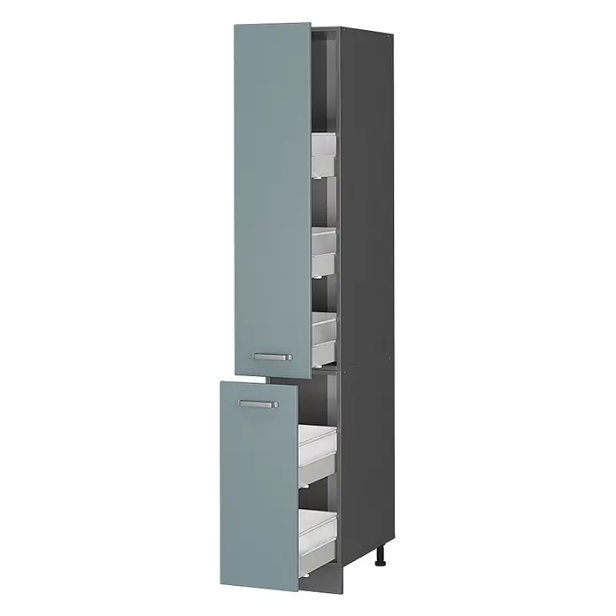 Vicco Schrankküche R-Line Blau-Grau - Blau-Grau, Apothekerhochschrank 30 cm - Hoher blau-grauer Küchenschrank, Türen leicht geöffnet, mit dunkelgrauem Korpus und Auszügen.