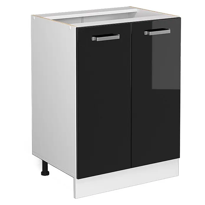 Vicco Schrankküche R-Line Schwarz Hochglanz ohne Arbeitsplatte - Schwarz Hochglanz, Unterschrank 60 cm - Weißer Küchenunterschrank mit zwei schwarzen Hochglanztüren, silbernen Griffen und weißem Sockel, auf verstellbaren Füßen.