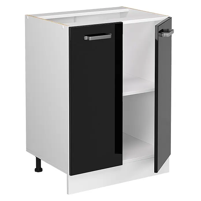 Vicco Schrankküche R-Line Schwarz Hochglanz, AP Eiche - Schwarz Hochglanz, Unterschrank 60 cm, AP Eiche - Weißer Küchenunterschrank mit zwei glänzend schwarzen Türen, silbernen Griffen und einem Einlegeboden. Eine Tür ist offen.