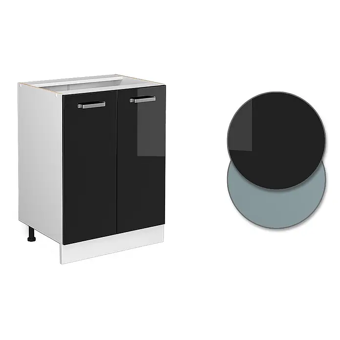 Vicco Schrankküche R-Line Schwarz Hochglanz, AP Eiche - Schwarz Hochglanz, Unterschrank 60 cm, AP Eiche - Zweitüriger Küchenunterschrank mit schwarzen Hochglanztüren, weißem Korpus, silbernen Griffen und Sockel, daneben Farbmuster Schwarz und Grau.