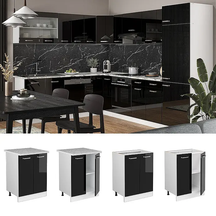 Vicco Schrankküche R-Line Schwarz Hochglanz, AP Eiche - Schwarz Hochglanz, Unterschrank 60 cm, AP Eiche - Set modularer Küchenunterschränke mit glänzend schwarzen Türen, weißen Rahmen und grauen Arbeitsplatten, einzeln und im Küchenlayout gezeigt.