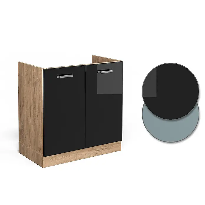 Vicco Schrankküche R-Line Schwarz Hochglanz ohne Arbeitsplatte - Schwarz Hochglanz, Spülenunterschrank 80 cm - Zweitüriger Unterschrank mit hellem Holzrahmen und schwarzen Hochglanztüren. Inklusive Farbmuster in Schwarz und Hellblau-Grau.