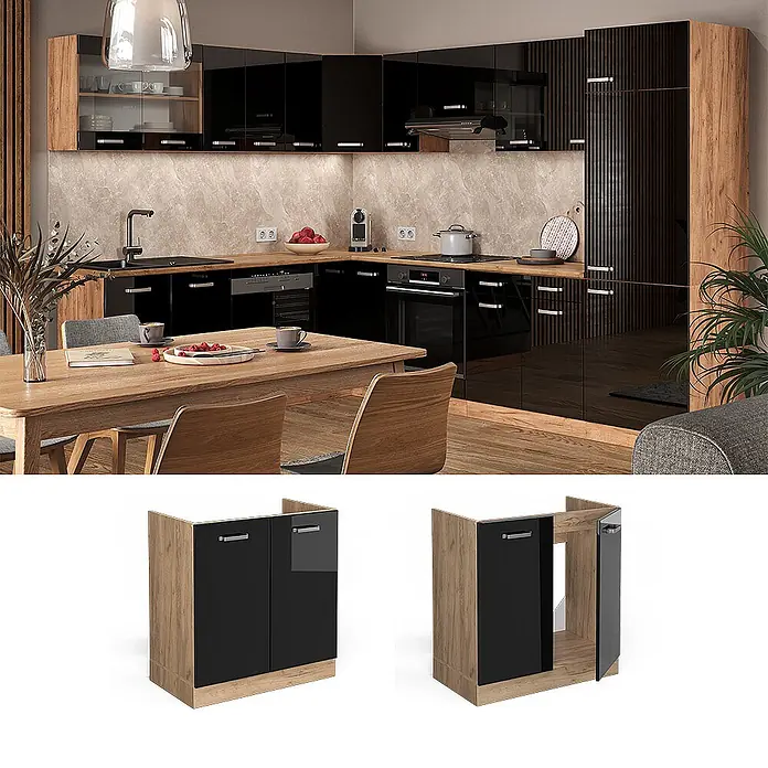 Vicco Schrankküche R-Line Schwarz Hochglanz ohne Arbeitsplatte - Schwarz Hochglanz, Spülenunterschrank 80 cm - Küchenunterschrank in Holzoptik mit schwarzen Hochglanztüren, geschlossen und offen für Stauraum.