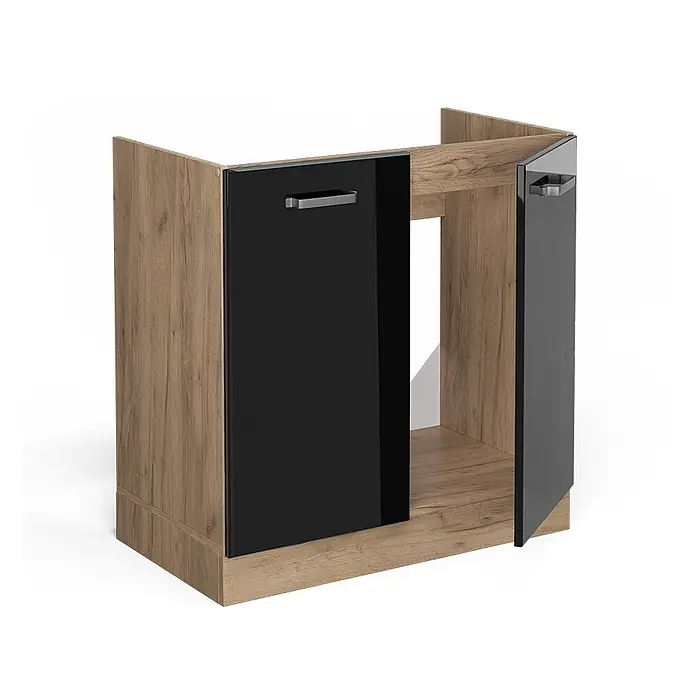 Vicco Schrankküche R-Line Schwarz Hochglanz ohne Arbeitsplatte - Schwarz Hochglanz, Spülenunterschrank 80 cm - Kücheneckunterschrank in heller Holzoptik mit schwarzen Hochglanztüren.