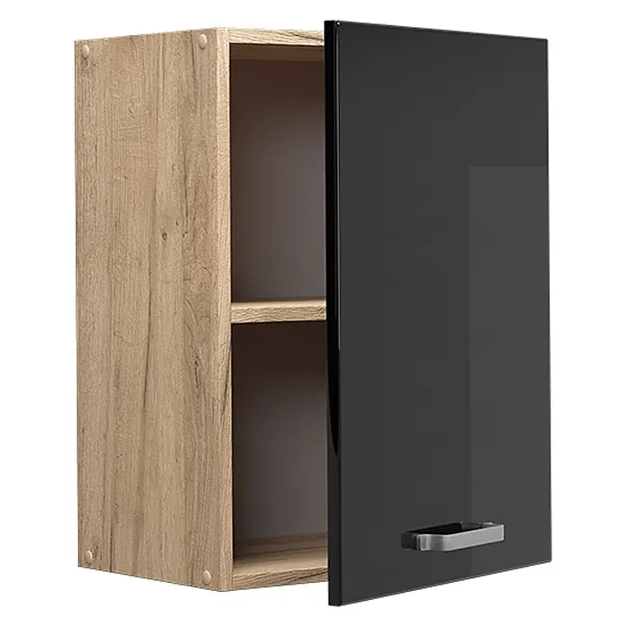 Vicco Schrankküche R-Line Schwarz Hochglanz - Schwarz Hochglanz, Hängeschrank 45 cm - Wandschrank mit hellem Holzdekor und hochglänzender schwarzer Tür, innen Regale, silberner Griff.