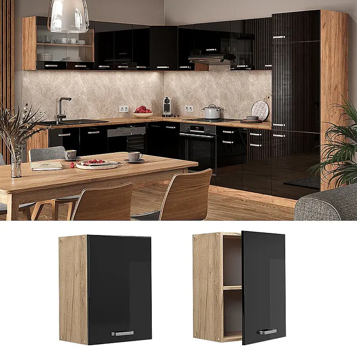 Vicco Schrankküche R-Line Schwarz Hochglanz - Schwarz Hochglanz, Hängeschrank 45 cm - Schwarzer Hochglanz-Küchenhängeschrank mit hellen Holzseiten und Silbergriff, geschlossen und offen gezeigt.