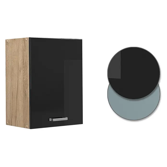 Vicco Schrankküche R-Line Schwarz Hochglanz - Schwarz Hochglanz, Hängeschrank 45 cm - Küchenhängeschrank mit heller Holzoptik-Seitenwand und glänzender schwarzer Front mit silbernem Griff.