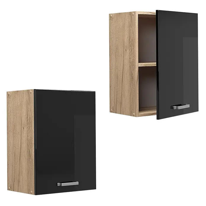 Vicco Schrankküche R-Line Schwarz Hochglanz - Schwarz Hochglanz, Hängeschrank 45 cm - Hängeschrank mit Eicheneffekt-Korpus und schwarzer Hochglanztür. Ein Schrank ist geschlossen, der andere offen mit Innenregalen.