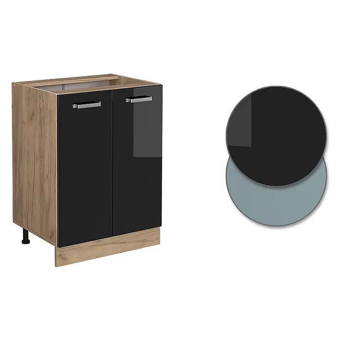 Vicco Schrankküche R-Line Schwarz Hochglanz ohne Arbeitsplatte - Schwarz Hochglanz, Unterschrank 60 cm - Zweitüriger Küchenunterschrank mit Eiche-Effekt-Korpus, schwarzen Hochglanztüren und silbernen Griffen.