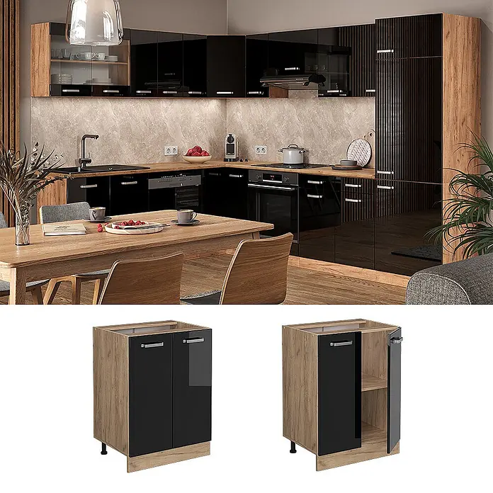 Vicco Schrankküche R-Line Schwarz Hochglanz ohne Arbeitsplatte - Schwarz Hochglanz, Unterschrank 60 cm - Moderne Küche mit hochglänzenden schwarzen Schränken, Holzdekorpaneelen, Einbaugeräten und passendem Esstisch aus Holz.