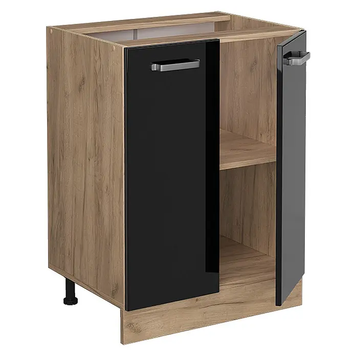 Vicco Schrankküche R-Line Schwarz Hochglanz ohne Arbeitsplatte - Schwarz Hochglanz, Unterschrank 60 cm - Küchenunterschrank in Holzoptik mit zwei schwarzen Hochglanztüren, eine offen, zeigt ein Regal. Verstellbare Füße.