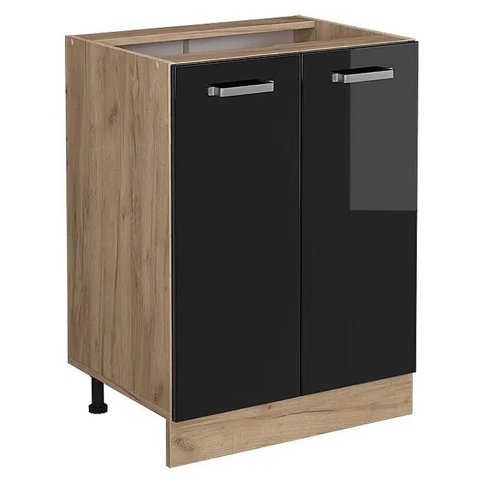 Vicco Schrankküche R-Line Schwarz Hochglanz ohne Arbeitsplatte - Schwarz Hochglanz, Unterschrank 60 cm - Eichenfarbener Küchenunterschrank mit zwei schwarzen Hochglanztüren und silbernen Griffen.