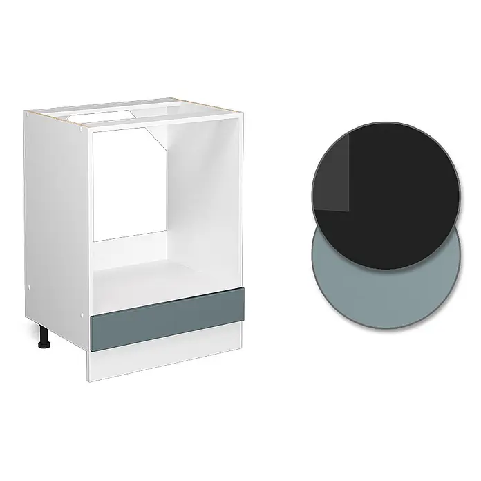 Vicco Schrankküche R-Line Blau-Grau, AP Anthrazit - Blau-Grau, Herdumbauschrank 60 cm, AP Anthrazit - Weißer Küchenunterschrank für Einbaubackofen mit dunkelgrauer Sockelleiste.