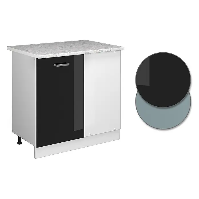 Vicco Schrankküche R-Line Schwarz Hochglanz, AP Marmor - Schwarz Hochglanz, Eckunterschrank 86 cm, AP Marmor - Kompakter Küchenunterschrank mit glänzender schwarzer Tür, weißen Seitenpaneelen und grauer Sprenkelarbeitsplatte.
