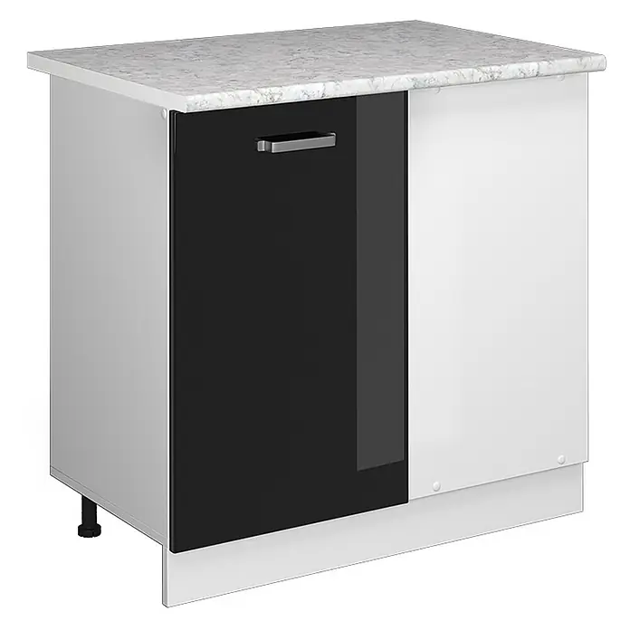 Vicco Schrankküche R-Line Schwarz Hochglanz, AP Marmor - Schwarz Hochglanz, Eckunterschrank 86 cm, AP Marmor - Weißer Küchenunterschrank mit grau melierter Arbeitsplatte. Verfügt über eine schwarz glänzende Tür mit silbernem Griff und ein weißes Seitenpaneel.