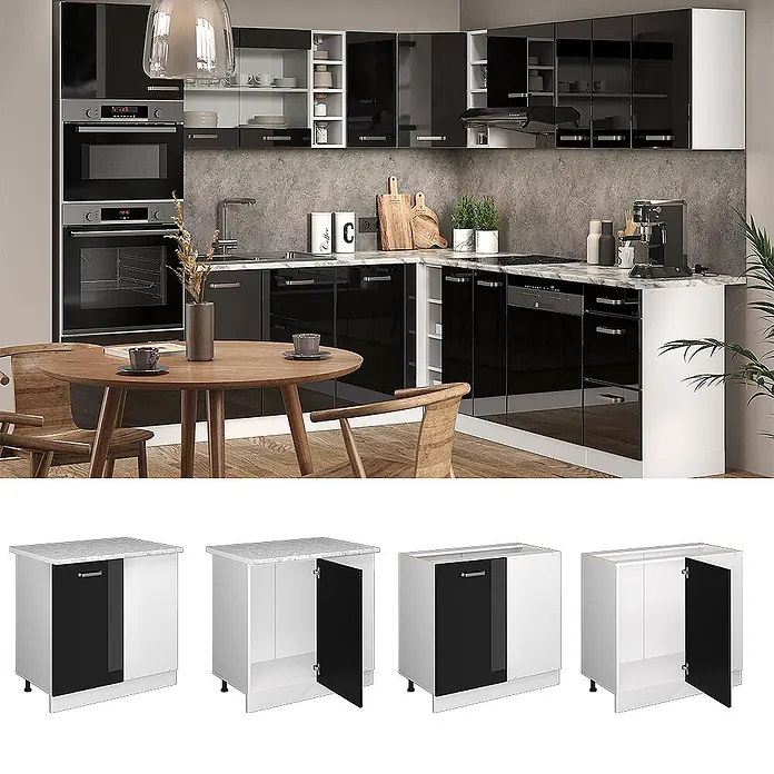 Vicco Eckunterschrank R-Line, Schwarz Hochglanz, 86 cm -  - L-förmige moderne schwarz-weiße Küchenschränke mit heller Arbeitsplatte und integrierten Geräten.