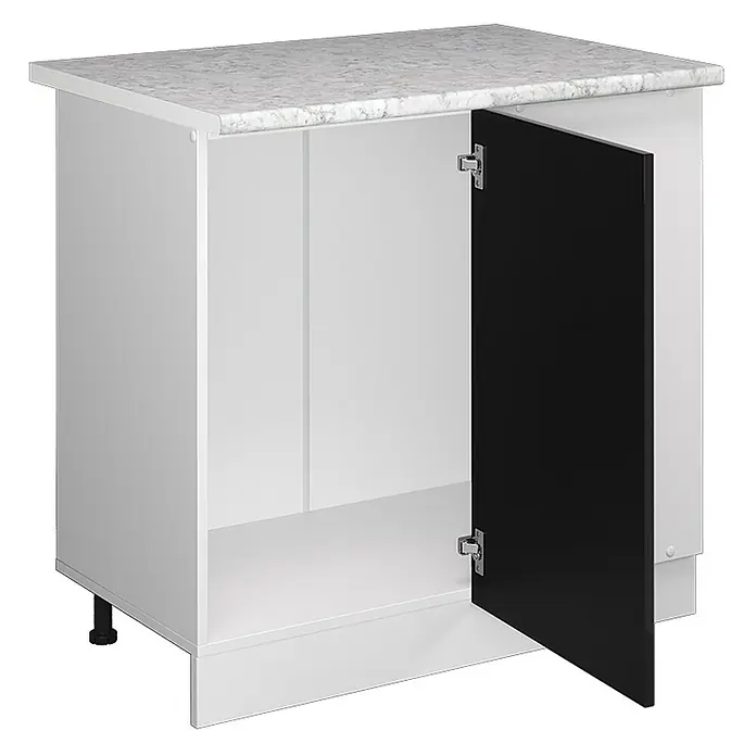 Vicco Schrankküche R-Line Schwarz Hochglanz, AP Marmor - Schwarz Hochglanz, Eckunterschrank 86 cm, AP Marmor - Weißer Küchenunterschrank mit Marmor-Effekt-Arbeitsplatte und offener schwarzer Tür. Verstellbare Füße.