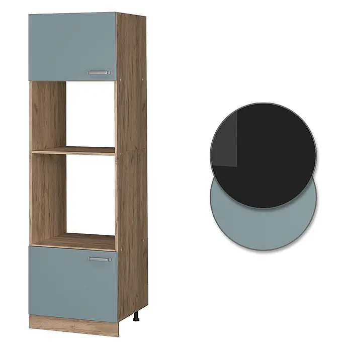Vicco Schrankküche R-Line Blau-Grau - Blau-Grau, Mikrowellenschrank 60 cm - Hoher Küchenschrank mit heller Holzoptik, hellblau-grauen Türen und offenen Ablagen.
