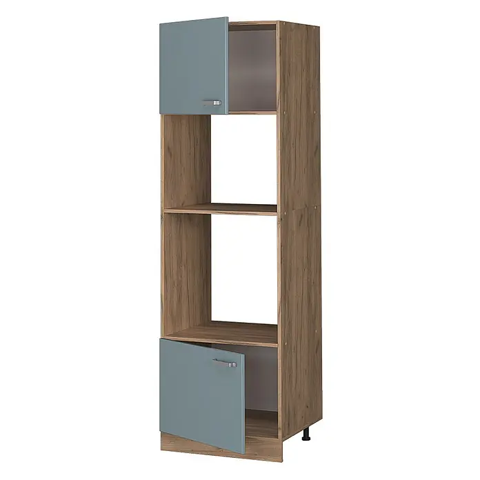 Vicco Schrankküche R-Line Blau-Grau - Blau-Grau, Mikrowellenschrank 60 cm - Hoher Schrank in Holzoptik mit zwei geöffneten blau-grauen Türen (oben und unten), offenbart Stauraum und zwei mittlere offene Regale.