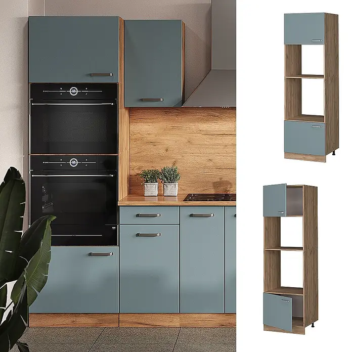 Vicco Schrankküche R-Line Blau-Grau - Blau-Grau, Mikrowellenschrank 60 cm - Blaugraue modulare Küchenschränke mit Holzoptik-Details, integrierten Öfen und hohen Lager-/Geräteschränken.