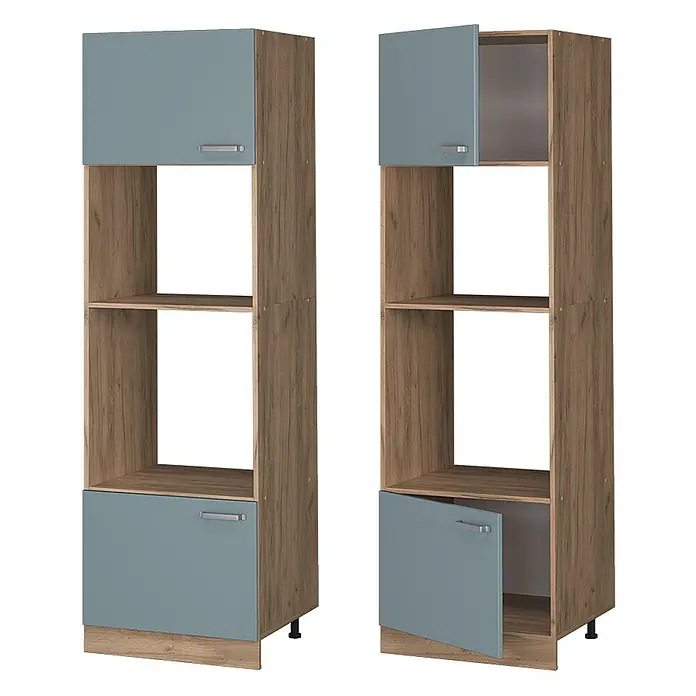 Vicco Schrankküche R-Line Blau-Grau - Blau-Grau, Mikrowellenschrank 60 cm - Holzfarbener Hochschrank mit blaugrauen Türen, eine geschlossen, eine offen, mit Regalfächern.