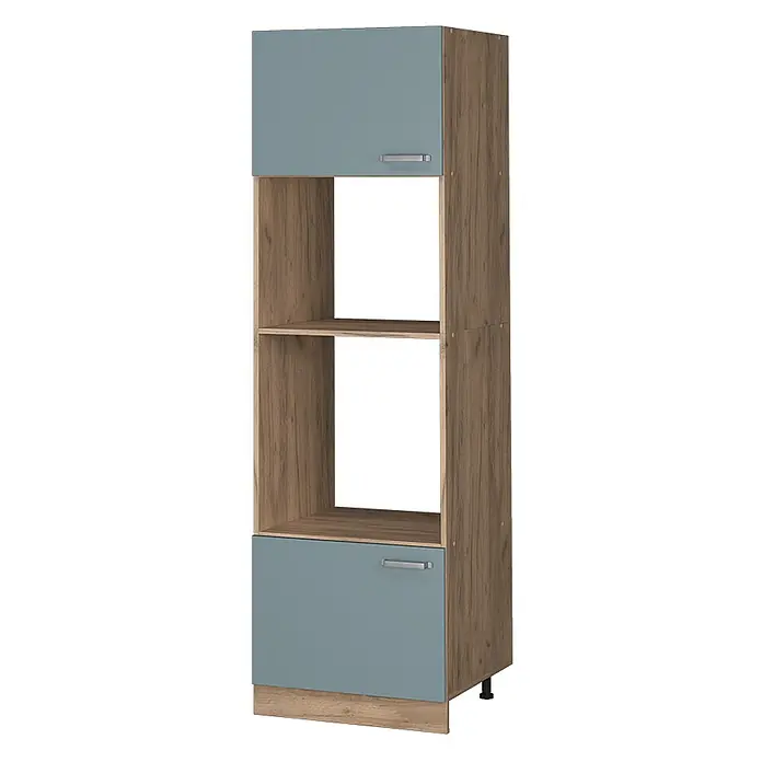Vicco Schrankküche R-Line Blau-Grau - Blau-Grau, Mikrowellenschrank 60 cm - Hoher, schmaler blau-grauer und holzfarbener Hochschrank mit zwei offenen Regalen und zwei geschlossenen Schränken mit Griffen.