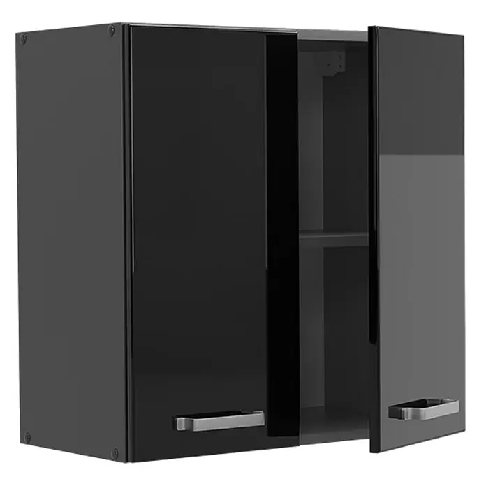 Vicco Hängeschrank R-Line, Schwarz Hochglanz, 60 cm -  - Schwarzer Hochglanz-Hängeschrank mit zwei Türen, eine geöffnet mit Innenregalen und silbernen Griffen.