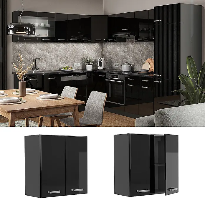 Vicco Hängeschrank R-Line, Schwarz Hochglanz, 60 cm -  - Moderne schwarze Hochglanz-Küchenschränke in eleganter Küchenumgebung, auch als Einzelmodule abgebildet.