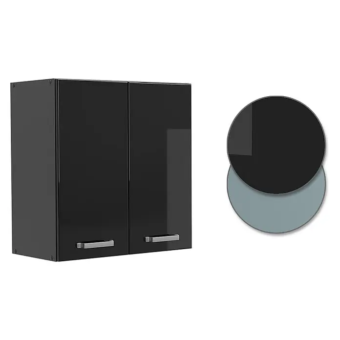 Vicco Hängeschrank R-Line, Schwarz Hochglanz, 60 cm -  - Schwarzer zweitüriger Wandschrank mit Hochglanzfronten, matten Seiten und silbernen Griffen.