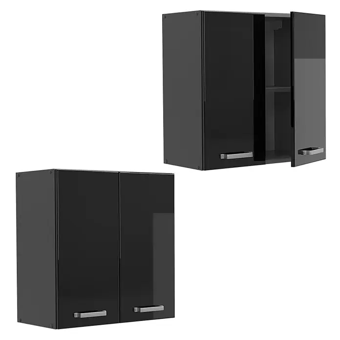 Vicco Hängeschrank R-Line, Schwarz Hochglanz, 60 cm -  - Zwei schwarze Hochglanz-Wandschränke, einer geschlossen, einer offen mit Einlegeboden.