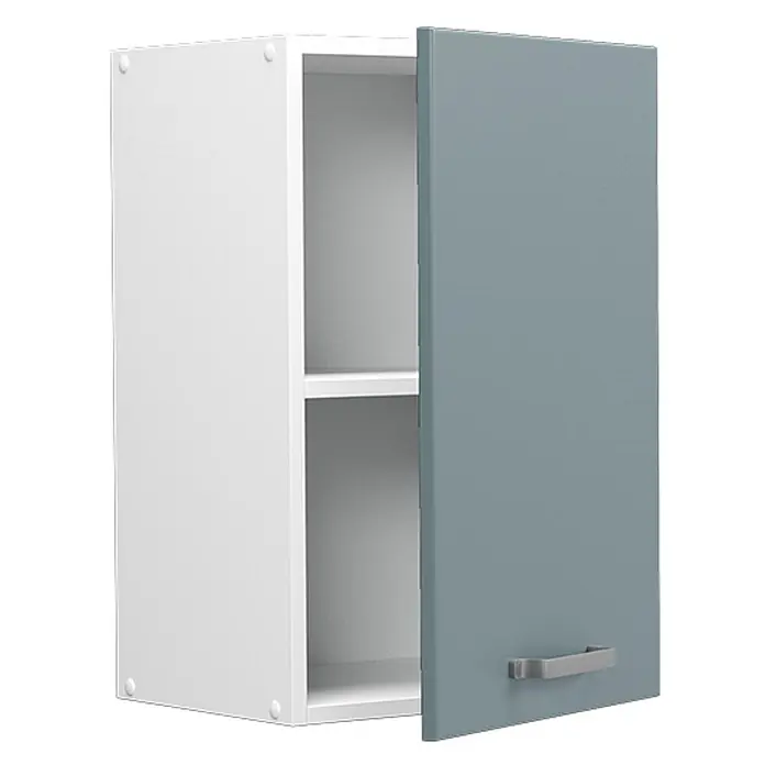 Vicco Schrankküche R-Line Blau-Grau - Blau-Grau, Hängeschrank 40 cm - Weißer Wandschrank mit offener blaugrauer Tür, Einlegeböden und grauem Griff.