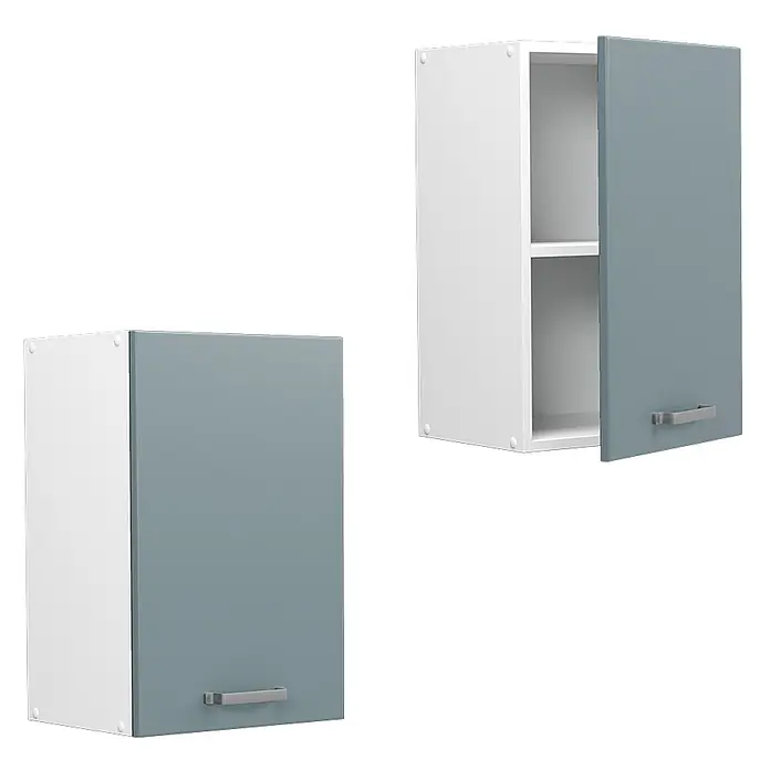 Vicco Schrankküche R-Line Blau-Grau - Blau-Grau, Hängeschrank 40 cm - Zwei weiße Hängeschränke mit grauen Türen, einer geschlossen, einer offen mit Innenablage.