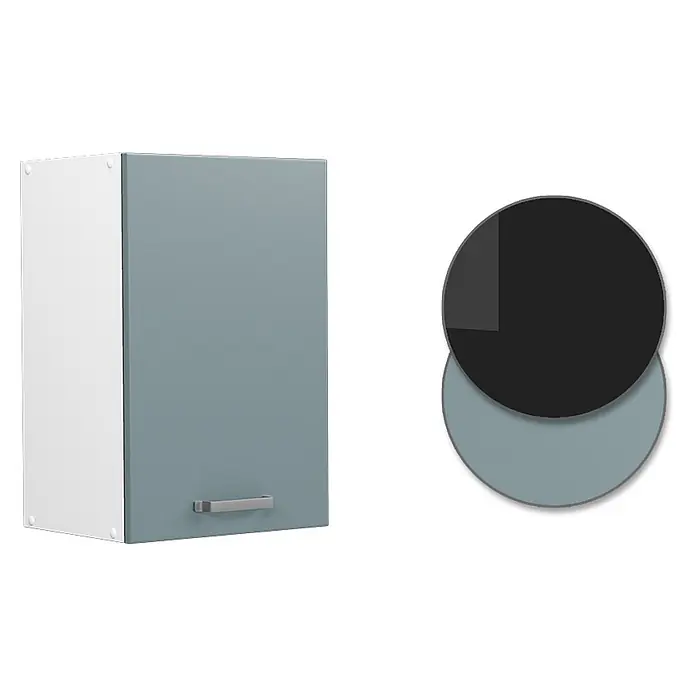 Vicco Schrankküche R-Line Blau-Grau - Blau-Grau, Hängeschrank 40 cm - Grau-blauer Wandschrank mit weißer Seitenwand und silbernem Griff.