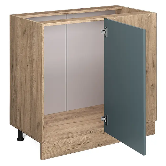 Vicco Schrankküche R-Line Blau-Grau, AP Anthrazit - Blau-Grau, Eckunterschrank 86 cm, AP Anthrazit - Helles Küchenunterschrank in Holzoptik mit offener dunkelgrau/blauer Tür und verstellbaren Füßen.