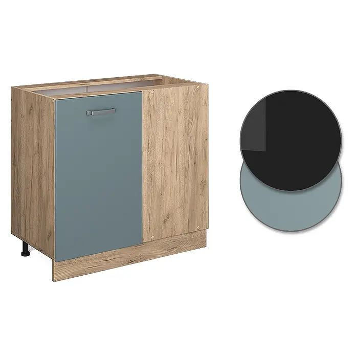Vicco Schrankküche R-Line Blau-Grau, AP Anthrazit - Blau-Grau, Eckunterschrank 86 cm, AP Anthrazit - Küchenunterschrank in Eichenoptik, mit einer blaugrauen Tür und Griff. Inklusive dunkelgrauer und blaugrauer Farbmuster.