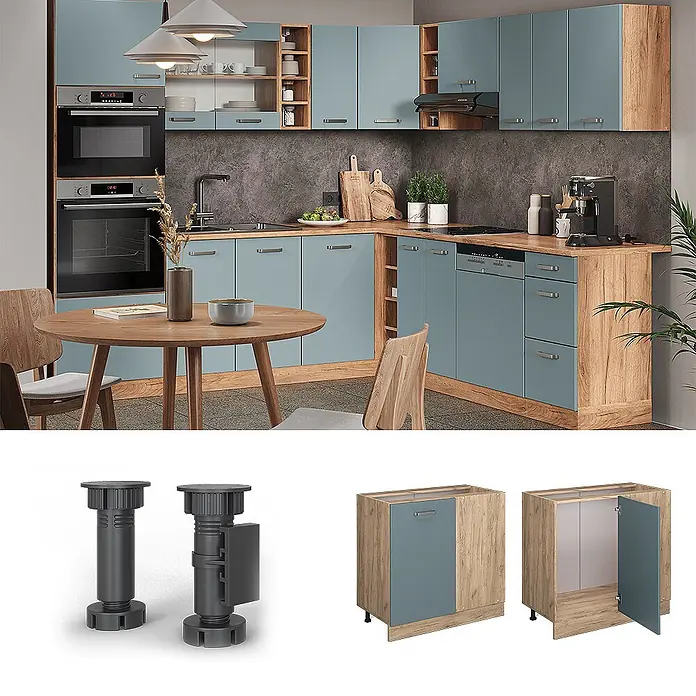 Vicco Schrankküche R-Line Blau-Grau, AP Anthrazit - Blau-Grau, Eckunterschrank 86 cm, AP Anthrazit - Moderne Küchenschränke in Blau-Grau und hellem Holz. Verstellbare Schranksockelfüße und ein passender Eckunterschrank sind ebenfalls abgebildet.
