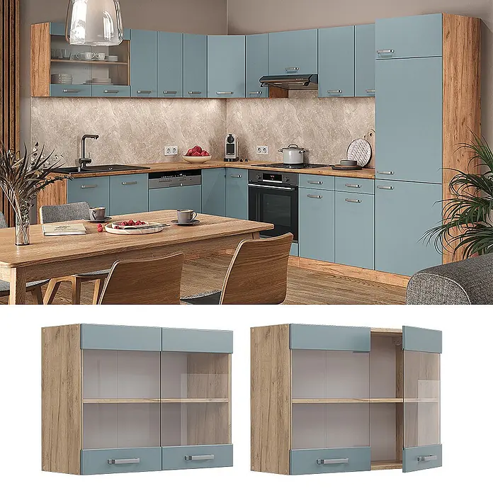 Vicco Schrankküche R-Line Blau-Grau - Blau-Grau, Hängeglasschrank 80 cm - Hellblauer Küchenwandschrank mit Holzoptikrahmen, Glastüren und Schubladen.