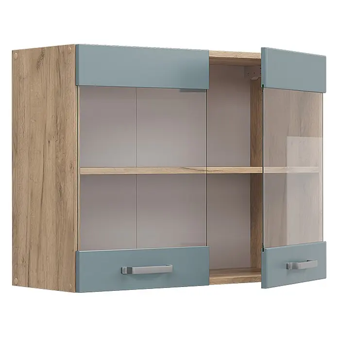 Vicco Schrankküche R-Line Blau-Grau - Blau-Grau, Hängeglasschrank 80 cm - Wandhängeschrank in Holzoptik mit zwei blau-grauen Türen mit Glaseinsätzen, eine leicht geöffnet, und grauen Griffen.