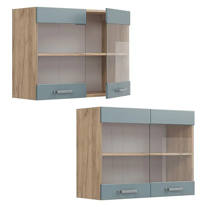 Vicco Schrankküche R-Line Blau-Grau - Blau-Grau, Hängeglasschrank 80 cm - Zwei Hängeschränke mit heller Holzoptik, hellblau-grauen Blenden und Glastüren; einer offen, einer geschlossen, beide mit Metallgriffen.