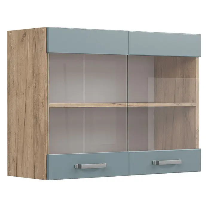 Vicco Schrankküche R-Line Blau-Grau - Blau-Grau, Hängeglasschrank 80 cm - Zweifarbiger Hängeschrank mit Holzoptik-Seite und hellblauer Front. Mit Glastüren, Regal und zwei Schubladen.