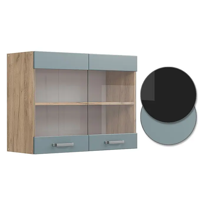 Vicco Schrankküche R-Line Blau-Grau - Blau-Grau, Hängeglasschrank 80 cm - Modernes Hängeschrank mit Holzoptik, hellblauen Details, Glastüren und zwei Schubladen.