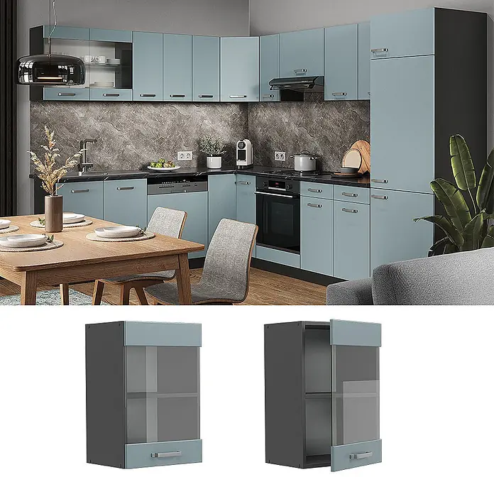 Vicco Schrankküche R-Line Blau-Grau - Blau-Grau, Hängeglasschrank 40 cm - Moderne L-förmige Küche mit blaugrauen, grifflosen Schränken und dunklen Arbeitsplatten. Mit integrierten Geräten und Vitrinenschrank.