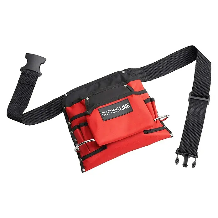 Werkzeug-Gürteltasche - Nylon, Anzahl Taschen: 8 Stk. - Eine rote Werkzeugtasche von Cutting Line mit schwarzem Gürtel und mehreren Fächern. Perfekt für Handwerker zur Aufbewahrung von Werkzeugen.