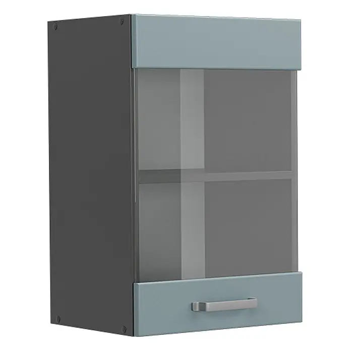 Vicco Schrankküche R-Line Blau-Grau - Blau-Grau, Hängeglasschrank 40 cm - Zweifarbiger Hängeschrank in Grau und Hellblau mit Glastür, Innenregal und Schublade mit Griff.