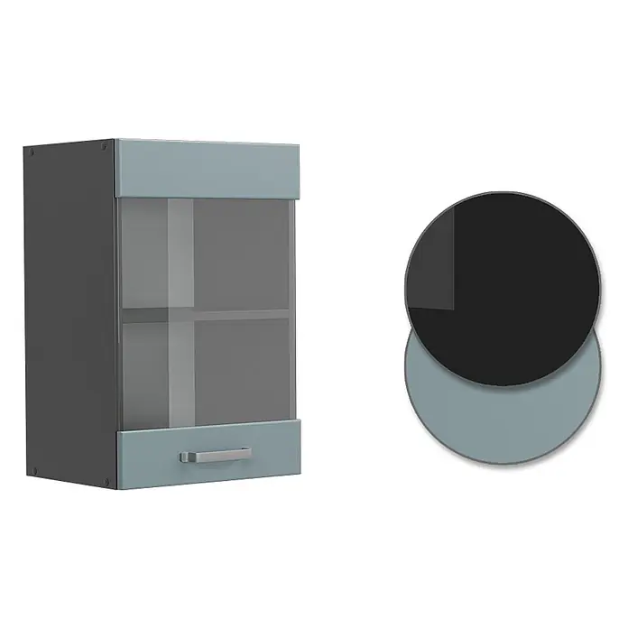 Vicco Schrankküche R-Line Blau-Grau - Blau-Grau, Hängeglasschrank 40 cm - Moderner Wandschrank in Dunkelgrau und Hellblau-Grau mit Glastüren und Schublade.