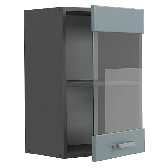 Vicco Schrankküche R-Line Blau-Grau - Blau-Grau, Hängeglasschrank 40 cm - Dunkelgrauer Wandschrank mit hellblau-grau gerahmter Glastür, leicht geöffnet, mit Regalböden im Inneren.