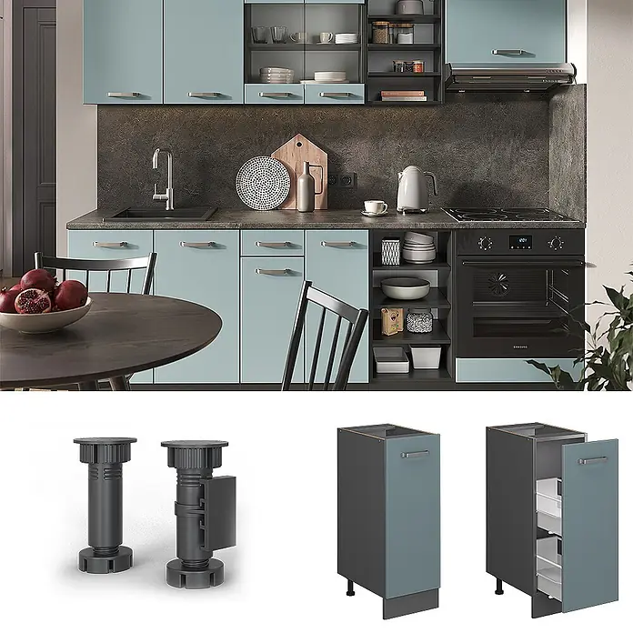 Vicco Schrankküche R-Line Blau-Grau, AP Eiche - Blau-Grau, Apothekerunterschrank 30 cm, AP Eiche - Moderne Küche mit hellblauen Schränken, dunklen Arbeitsplatten und integrierten Geräten. Detailansichten zeigen verstellbare Füße und modularen Auszugsschrank.