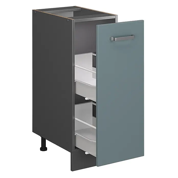 Vicco Schrankküche R-Line Blau-Grau, AP Eiche - Blau-Grau, Apothekerunterschrank 30 cm, AP Eiche - Grauer Küchenunterschrank mit leicht geöffneter blaugrauer Tür, die drei weiße Ausziehschubladen zeigt.