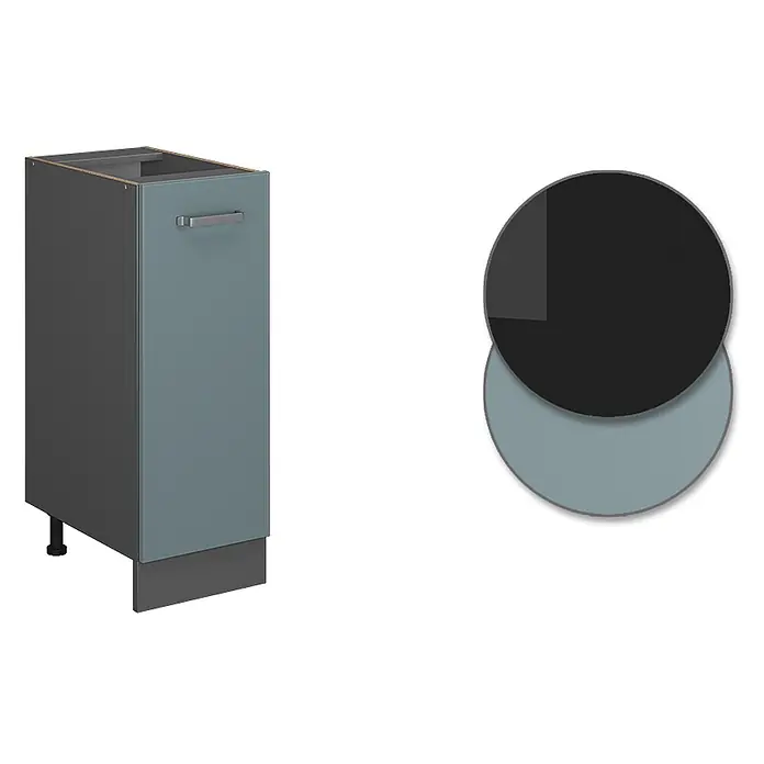 Vicco Schrankküche R-Line Blau-Grau, AP Eiche - Blau-Grau, Apothekerunterschrank 30 cm, AP Eiche - Moderner dunkelgrauer Schrank mit blaugrauer Tür und silbernem Griff. Farbmuster zeigen Dunkelgrau und Blaugrau.